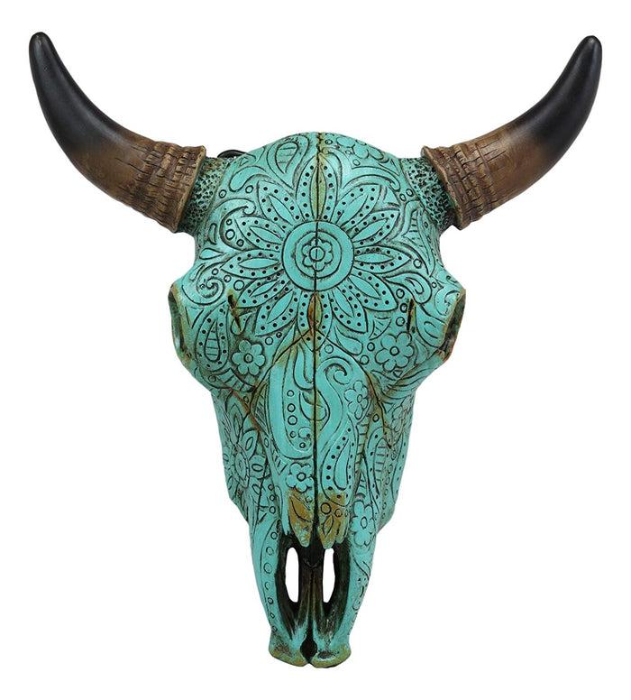 Ebros Gift Ebros 10" Steer Bison Buffalo Cow Skull Turquoise Floral Lace Wall Decor Plaque