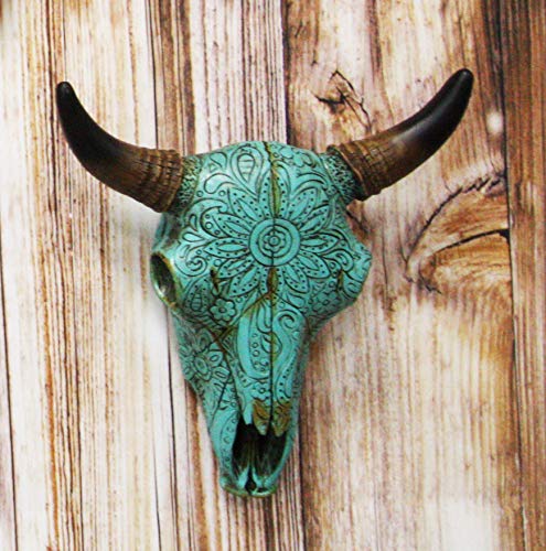 ebros gift Ebros 10" Steer Bison Buffalo Cow Skull Turquoise Floral Lace Wall Decor Plaque