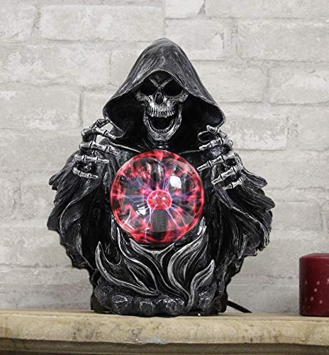 ebros gift Ebros 11.25" H Gothic Alchemy Arch Evil Grim Reaper Skeleton Invoking Death Statue Electric Plasma Scrying Glass Ball Lamp AC Powered Flashing Lights Party Accent Home Decor