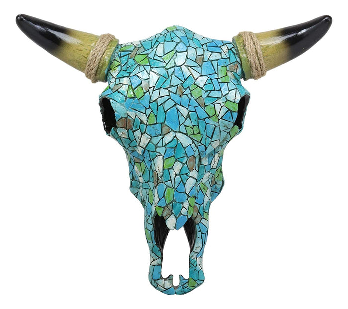 Ebros Gift Ebros 11.5" W Turquoise Mosaic Steer Bison Bull Head W/ Horns Wall Mount Decor