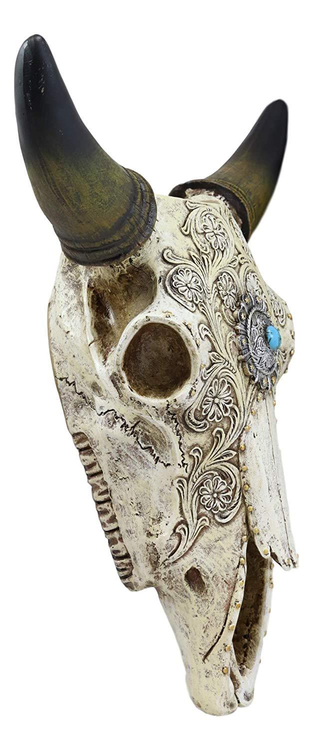 Ebros Gift Ebros 11.5" Wide Southwest Steer Bison Buffalo Bull Cow Horned Skull Head With Lace Tooled Design And Turquoise Gem Hanging Wall Mount Flower Vase Decor