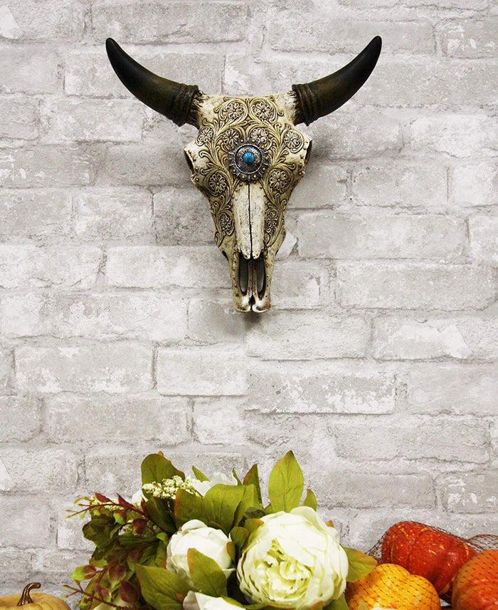 Ebros Gift Ebros 11.5" Wide Southwest Steer Bison Buffalo Bull Cow Horned Skull Head With Lace Tooled Design And Turquoise Gem Hanging Wall Mount Flower Vase Decor