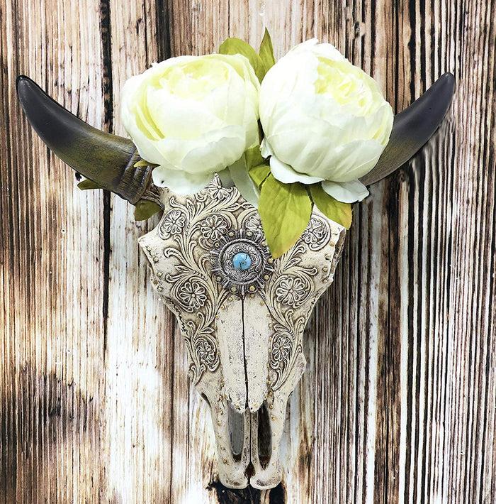 ebros gift Ebros 11.5" Wide Southwest Steer Bison Buffalo Bull Cow Horned Skull Head with Lace Tooled Design and Turquoise Gem Hanging Wall Mount Flower Vase Decor