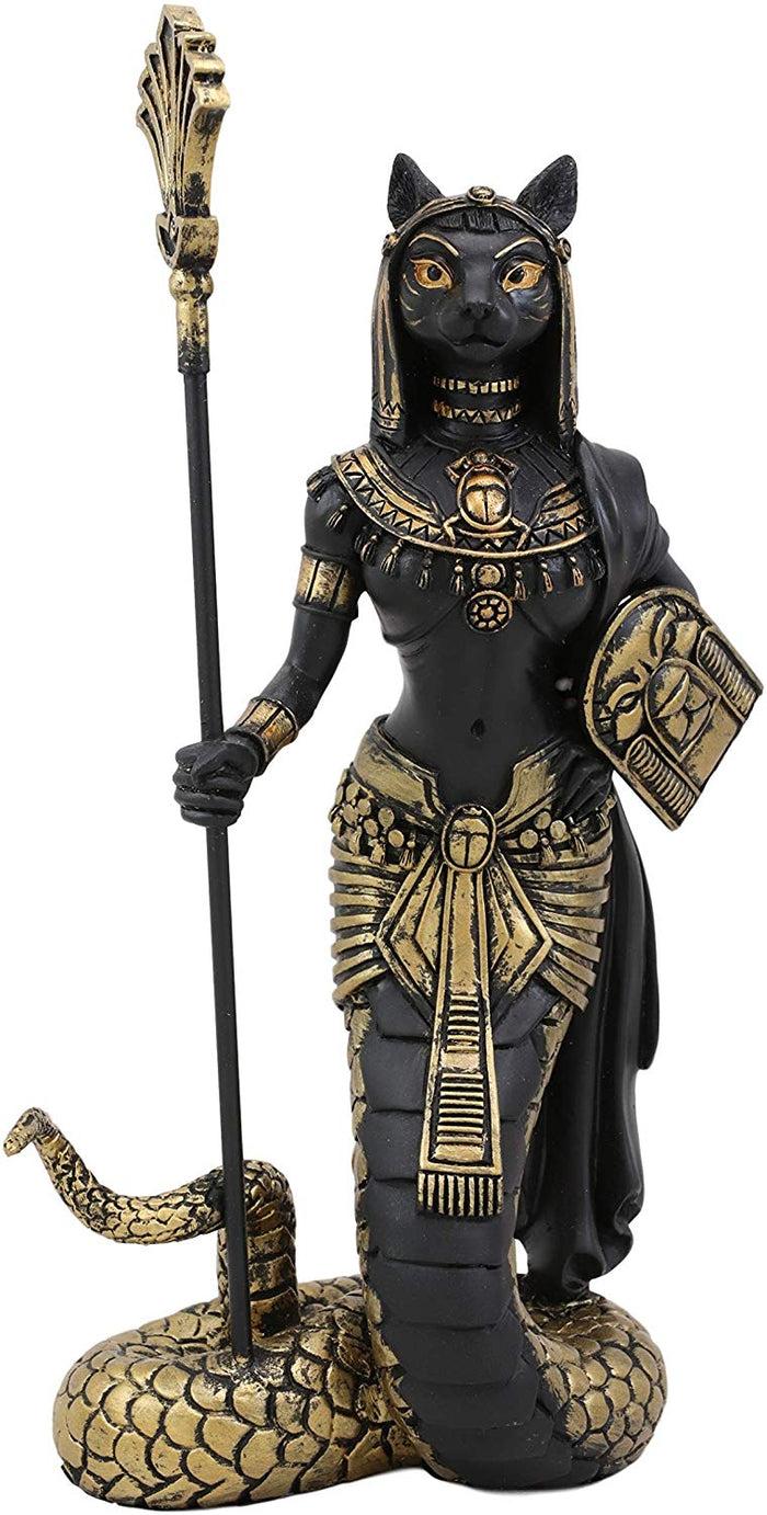 Ebros Gift Ebros 11"H Egyptian Bastet Cat With Snake Holding Spear & Shield Statue 11"H