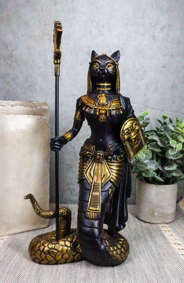 ebros gift Ebros 11"H Egyptian Bastet Cat With Snake Holding Spear & Shield Statue 11"H