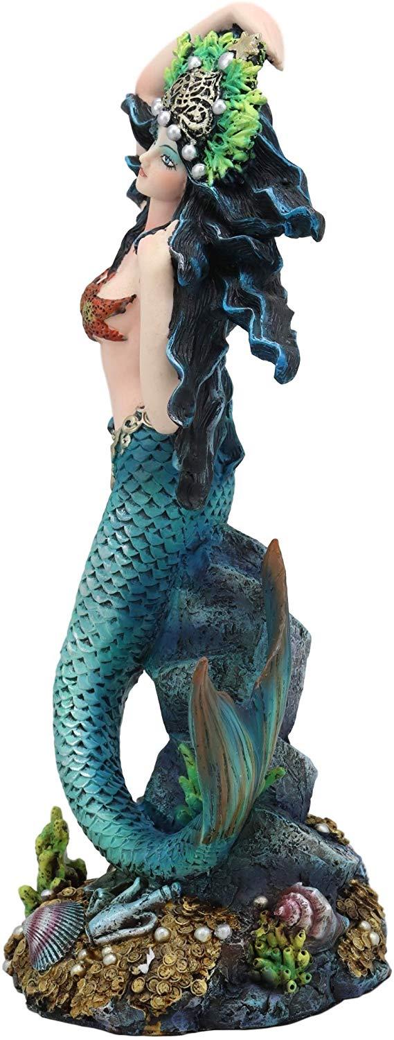 Ebros Gift Ebros 11"H Nautical Turquoise Tail Mermaid Pearl Crown Princess By Treasures Statue