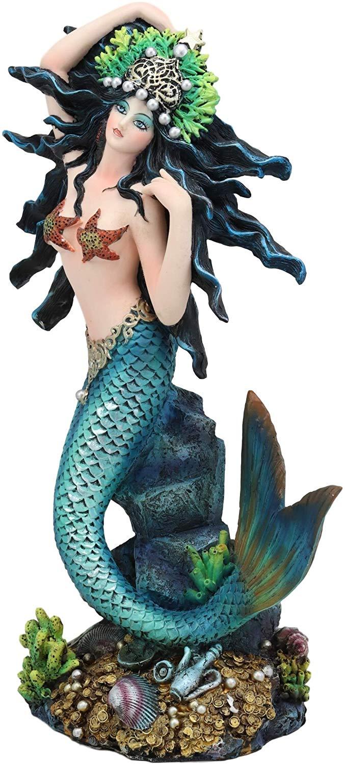 Ebros Gift Ebros 11"H Nautical Turquoise Tail Mermaid Pearl Crown Princess By Treasures Statue