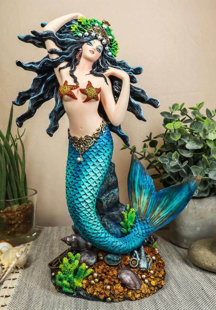 ebros gift Ebros 11"H Nautical Turquoise Tail Mermaid Pearl Crown Princess By Treasures Statue