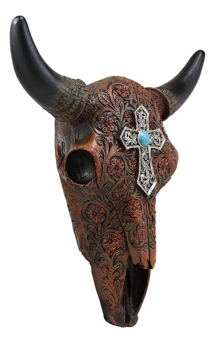 Ebros Gift Ebros 11" High Western Southwest Steer Bison Buffalo Bull Cow Horned Skull Head With Turquoise Gem Silver Cross Tooled Leather Design Wall Mount Decor