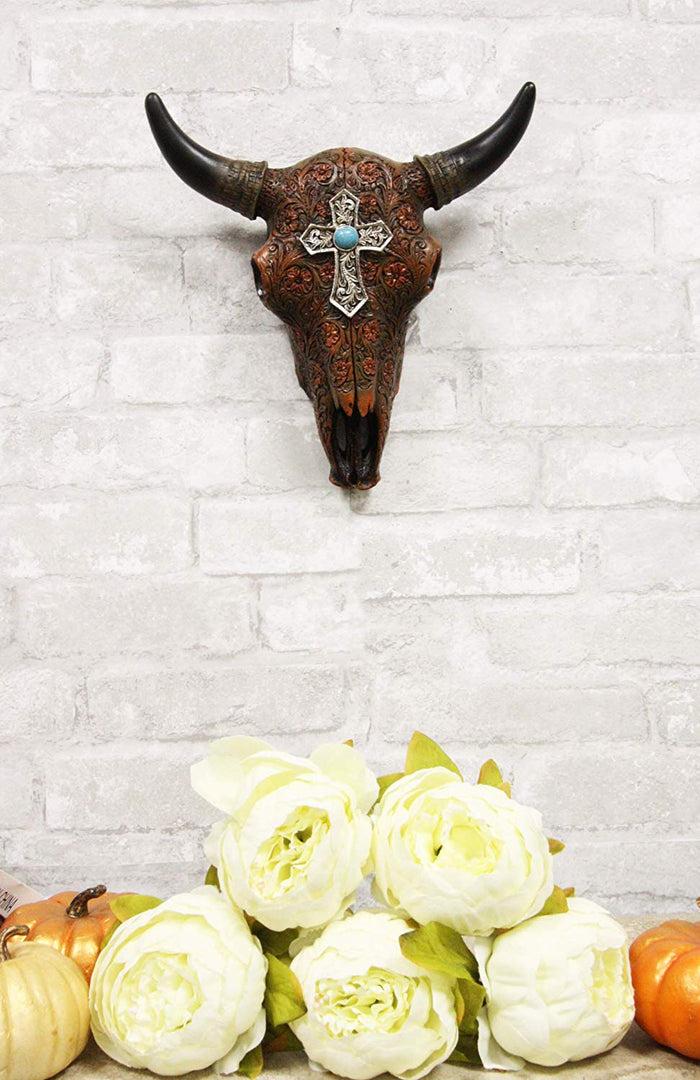 Ebros Gift Ebros 11" High Western Southwest Steer Bison Buffalo Bull Cow Horned Skull Head With Turquoise Gem Silver Cross Tooled Leather Design Wall Mount Decor