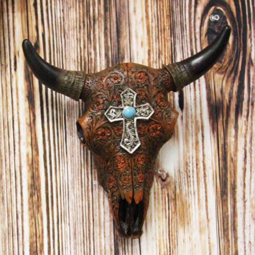 ebros gift Ebros 11" High Western Southwest Steer Bison Buffalo Bull Cow Horned Skull Head with Turquoise Gem Silver Cross Tooled Leather Design Wall Mount Decor