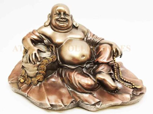 Ebros Gift Ebros 11" Long Lucky Happy Buddha Resting On Fortune Coins Wealth Bodhisattva Sculpture Statue