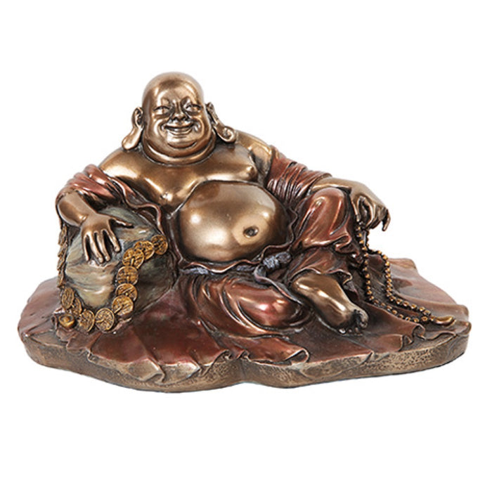 ebros gift Ebros 11" Long Lucky Happy Buddha Resting on Fortune Coins Wealth Bodhisattva Sculpture Statue