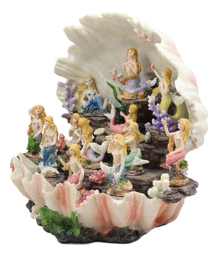 Ebros Gift Ebros 12.25" Wide Colorful Nautical Ocean Giant Clam Shell Of The Coral Reefs Display Stand With 12 Miniature Mermaids Figurine Set Fantasy Mermaid Mergirls