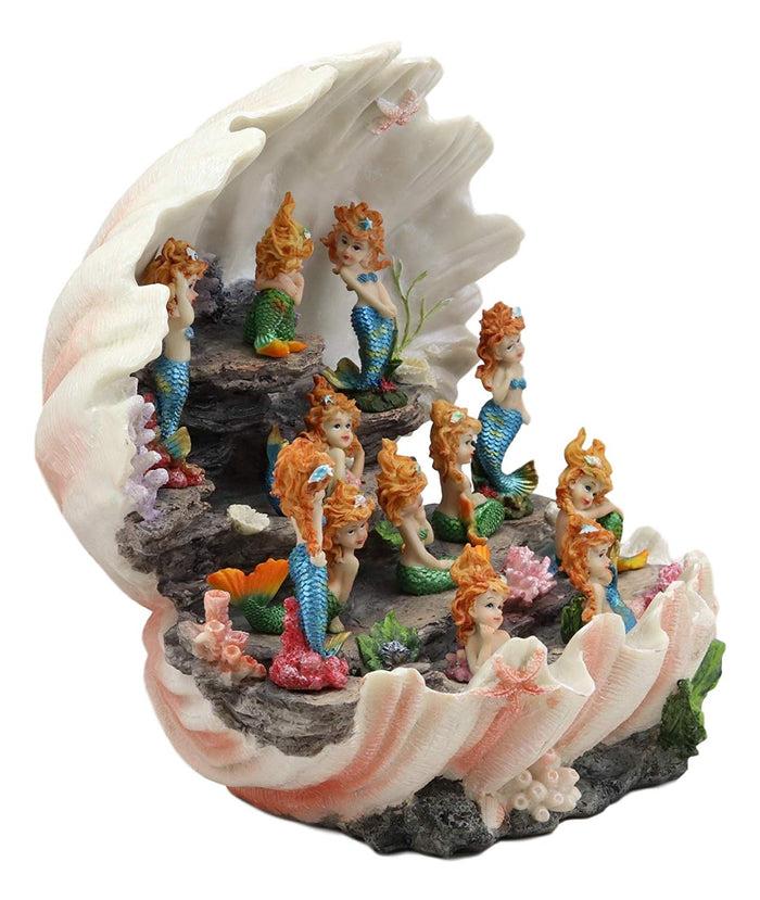 Ebros Gift Ebros 12.25" Wide Colorful Nautical Ocean Giant Clam Shell Of The Coral Reefs Display Stand With 12 Miniature Mergirls Figurine Set Fantasy Mergirl Mermaids