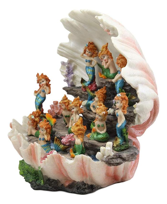 Ebros Gift Ebros 12.25" Wide Colorful Nautical Ocean Giant Clam Shell Of The Coral Reefs Display Stand With 12 Miniature Mergirls Figurine Set Fantasy Mergirl Mermaids