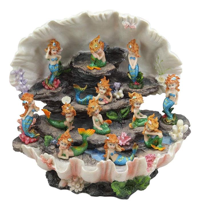 ebros gift Ebros 12.25" Wide Colorful Nautical Ocean Giant Clam Shell of The Coral Reefs Display Stand with 12 Miniature Mergirls Figurine Set Fantasy Mergirl Mermaids