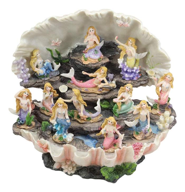 ebros gift Ebros 12.25" Wide Colorful Nautical Ocean Giant Clam Shell of The Coral Reefs Display Stand with 12 Miniature Mermaids Figurine Set Fantasy Mermaid Mergirls