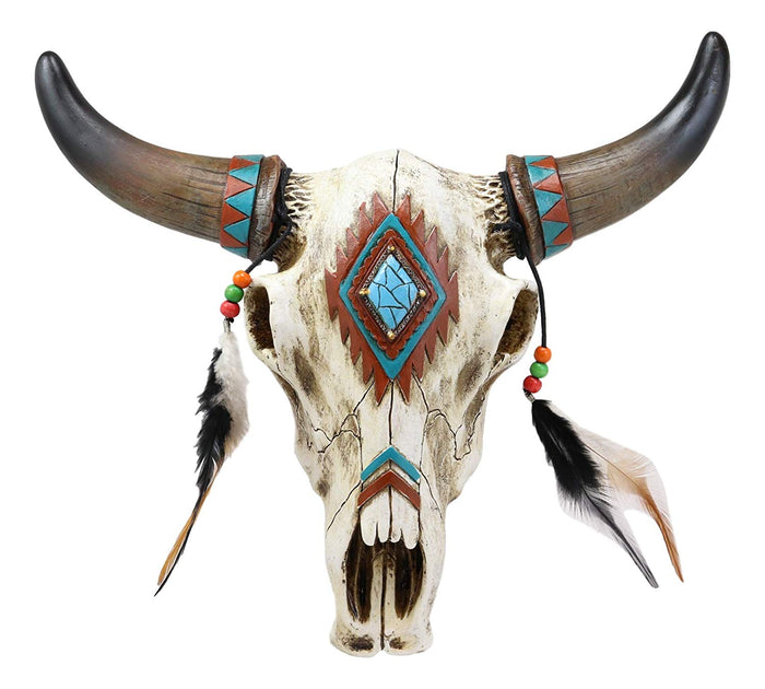 Ebros Gift Ebros 12.5"L Southwest Steer Bison Bull Horned Skull With Feathers Wall Decor
