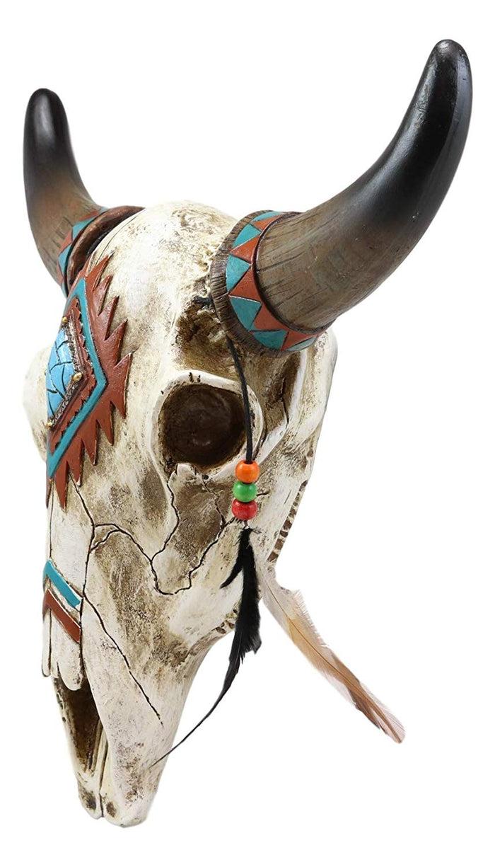 Ebros Gift Ebros 12.5"L Southwest Steer Bison Bull Horned Skull With Feathers Wall Decor