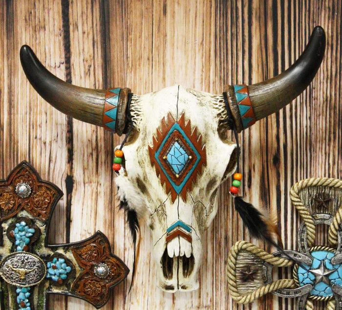 ebros gift Ebros 12.5"L Southwest Steer Bison Bull Horned Skull With Feathers Wall Decor