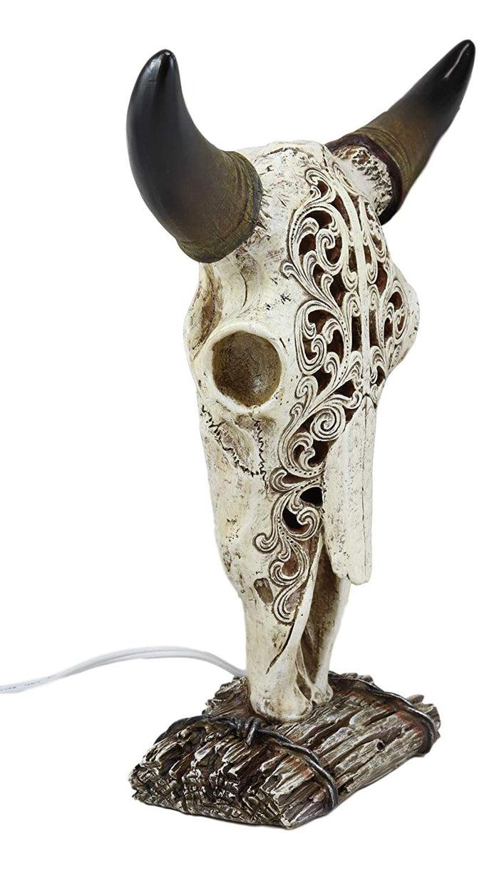 Ebros Gift Ebros 12.5" Tall Southwest Aged Bone Tooled Filigree Lace Design Steer Bison Buffalo Bull Cow Horned Skull Head Night Light Lamp Centerpiece Side Table Decor Statue Skulls Western Accent Lighting