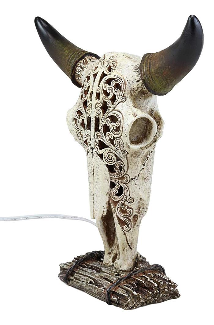 Ebros Gift Ebros 12.5" Tall Southwest Aged Bone Tooled Filigree Lace Design Steer Bison Buffalo Bull Cow Horned Skull Head Night Light Lamp Centerpiece Side Table Decor Statue Skulls Western Accent Lighting