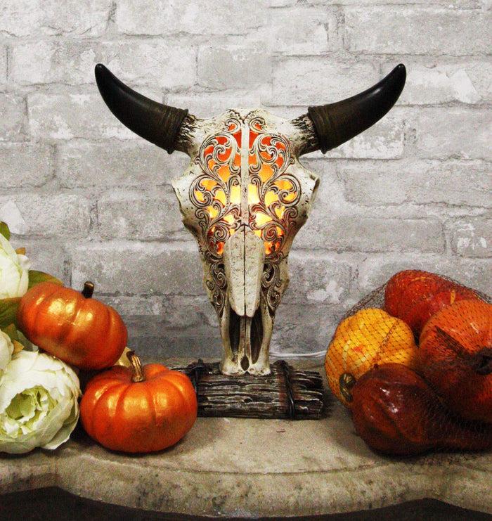 ebros gift Ebros 12.5" Tall Southwest Aged Bone Tooled Filigree Lace Design Steer Bison Buffalo Bull Cow Horned Skull Head Night Light Lamp Centerpiece Side Table Decor Statue Skulls Western Accent Lighting
