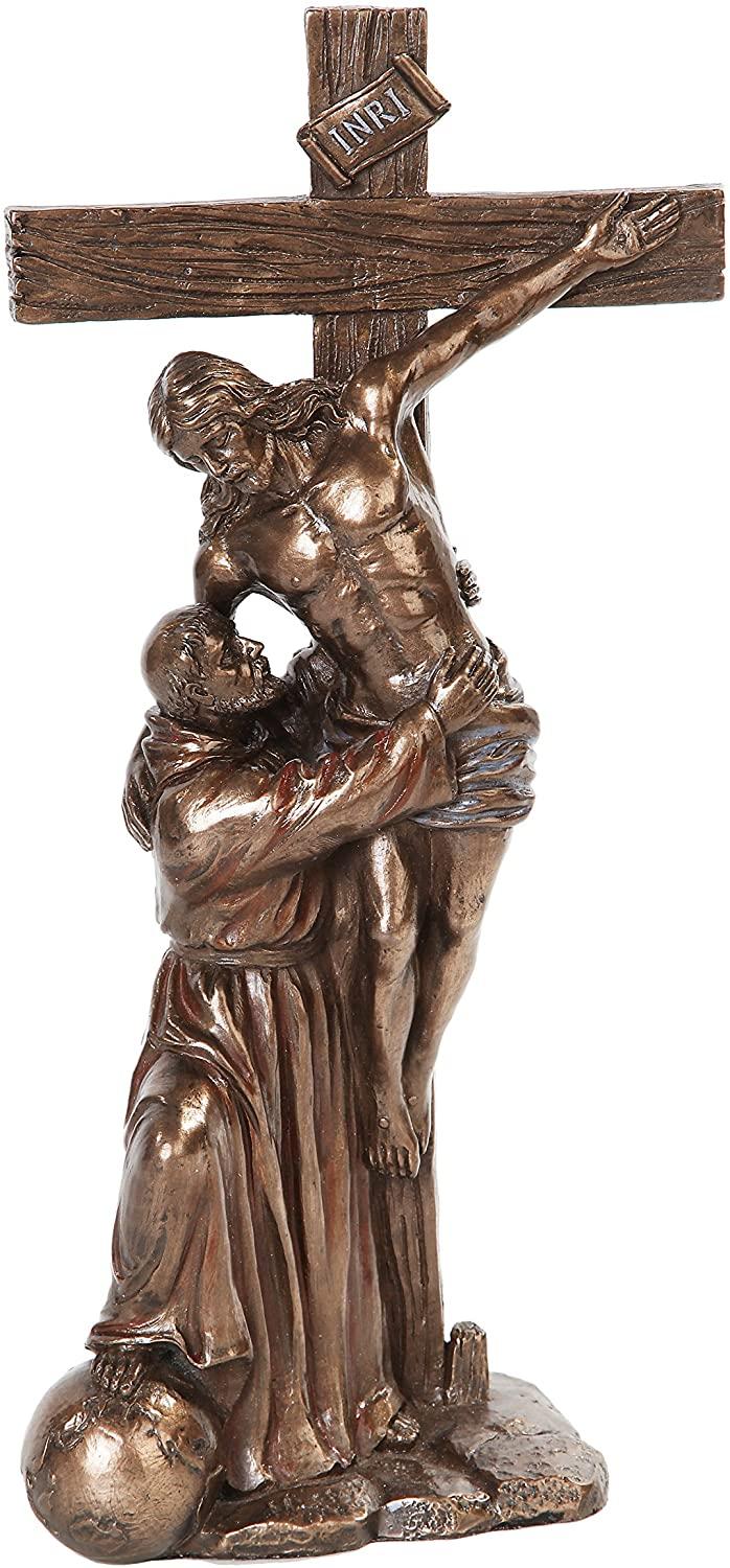 ebros gift Ebros 12.75 Inch St. Francis with Christ on Crucifix Bronze Finish Figurine