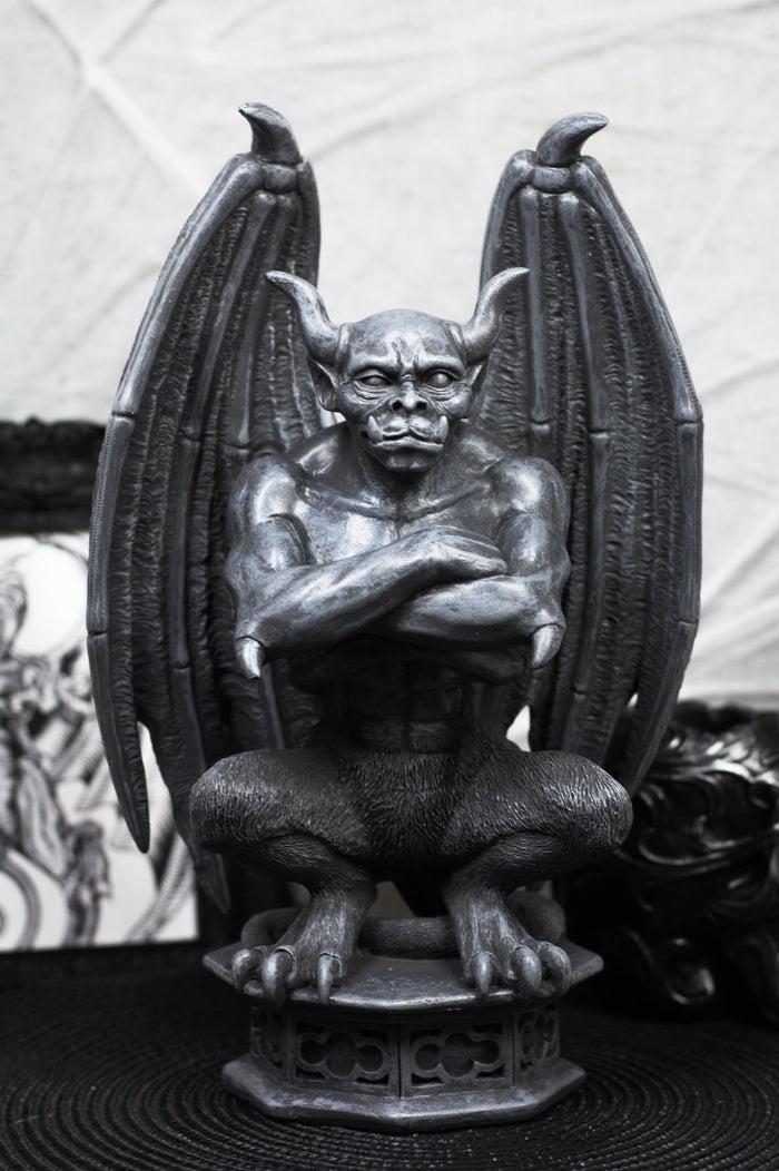 ebros gift Ebros 12"H Gothic Horned Bulldog Gargoyle W/ Large Wings Crouching On Pedestal Statue