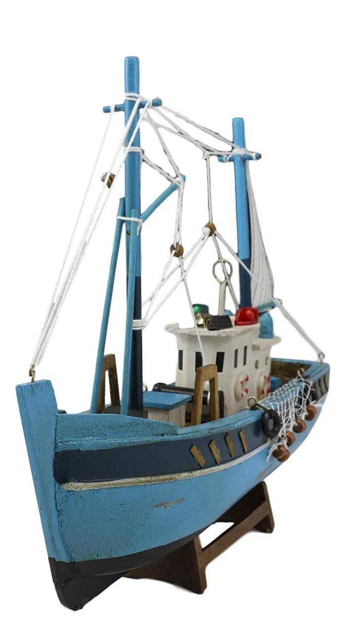 Ebros Gift Ebros 12" L Blue Wooden Fishing Boat Model With Wood Base Stand Figure