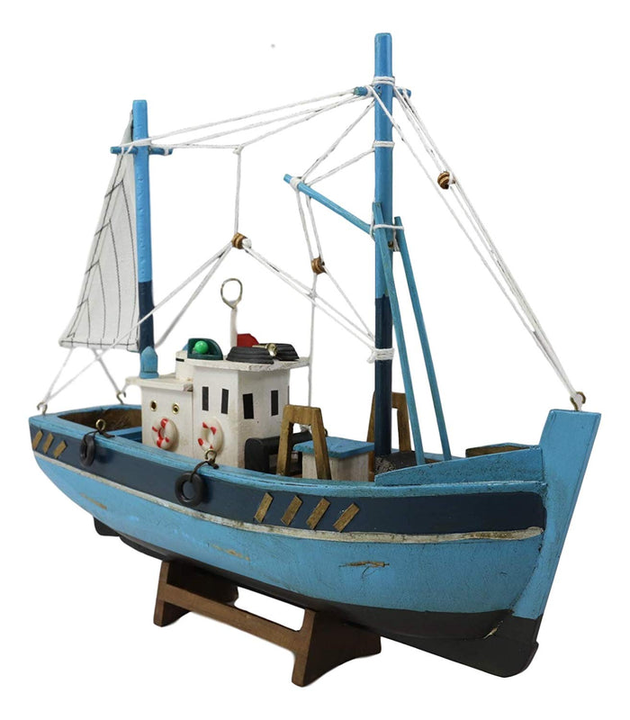 Ebros Gift Ebros 12" L Blue Wooden Fishing Boat Model With Wood Base Stand Figure
