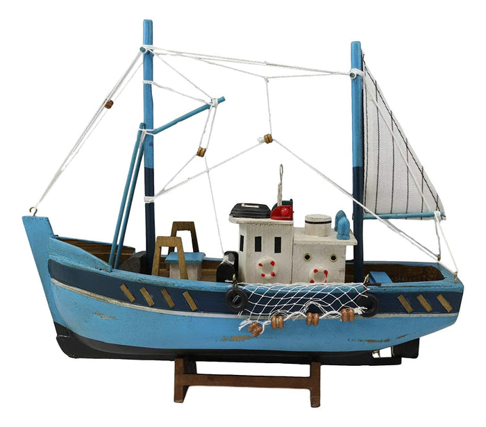 Ebros Gift Ebros 12" L Blue Wooden Fishing Boat Model With Wood Base Stand Figure