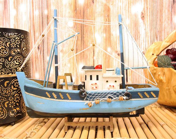 ebros gift Ebros 12" L Blue Wooden Fishing Boat Model with Wood Base Stand Figure