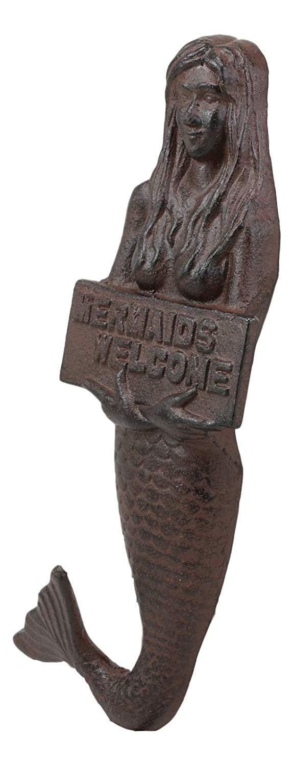Ebros Gift Ebros 12" Tall Cast Iron Mermaid Holding Mermaids Welcome Sign Wall Plaque