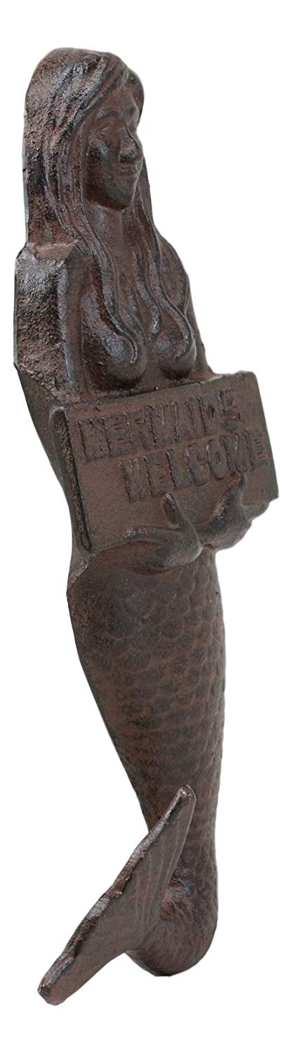 Ebros Gift Ebros 12" Tall Cast Iron Mermaid Holding Mermaids Welcome Sign Wall Plaque