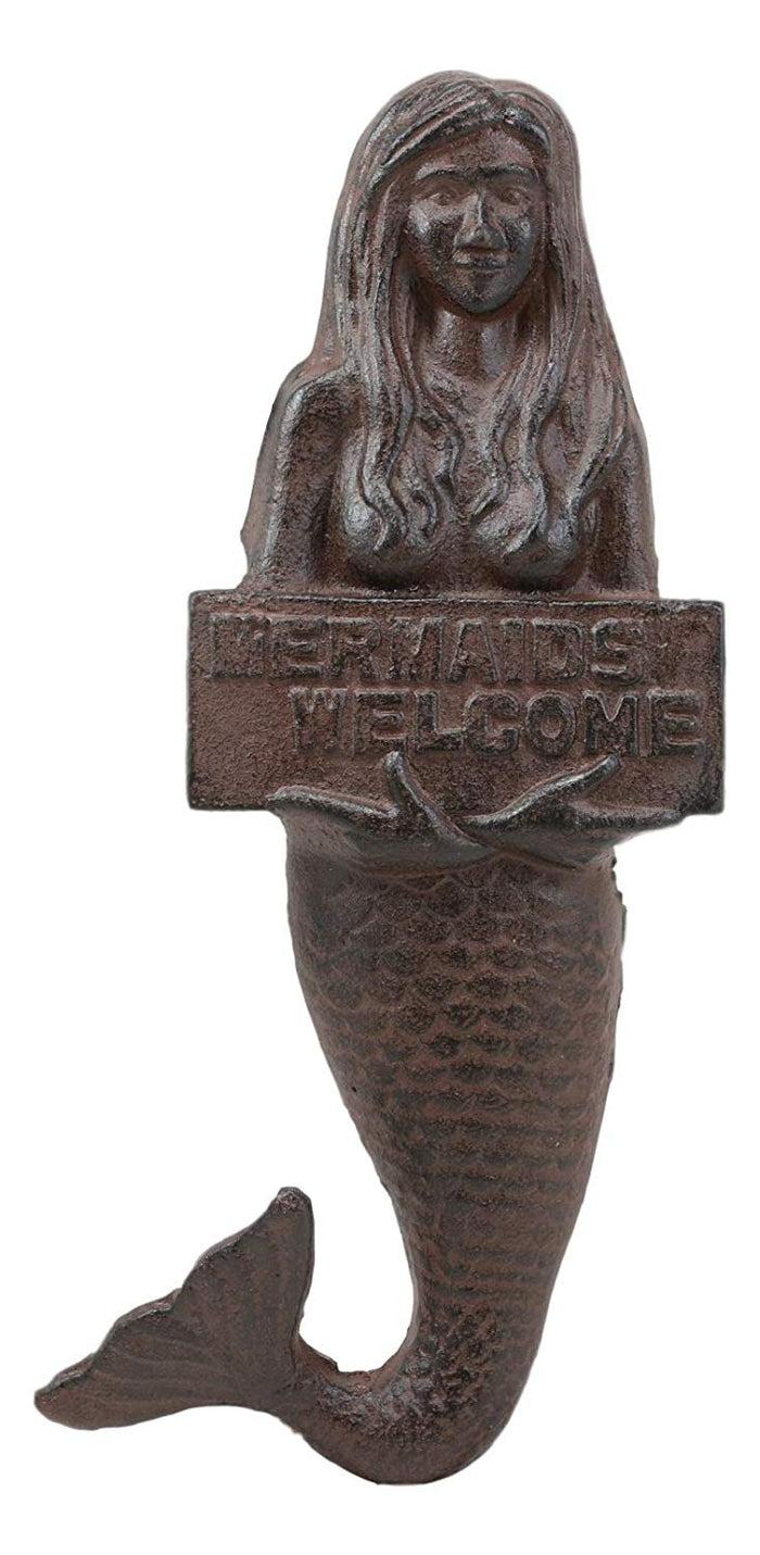 Ebros Gift Ebros 12" Tall Cast Iron Mermaid Holding Mermaids Welcome Sign Wall Plaque