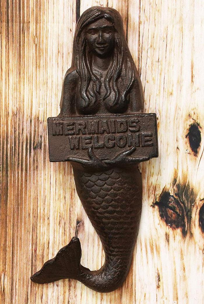 ebros gift Ebros 12" Tall Cast Iron Mermaid Holding Mermaids Welcome Sign Wall Plaque