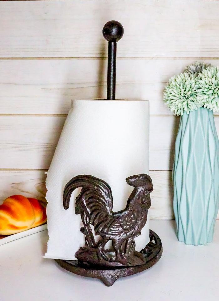 Ebros Gift Ebros 13.5"Tall Cast Iron Metal Rustic Vintage Proud Farm Rooster Chicken With Scroll Art Design Paper Towel Holder Display Dispenser Stand Counter Top