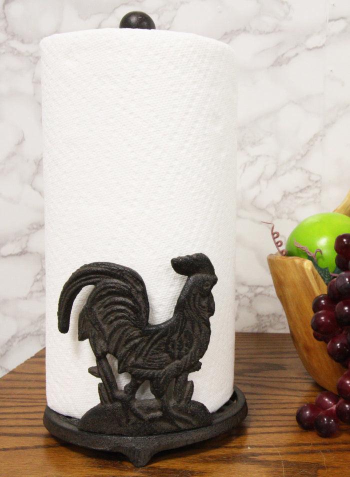 ebros gift Ebros 13.5"Tall Cast Iron Metal Rustic Vintage Proud Farm Rooster Chicken With Scroll Art Design Paper Towel Holder Display Dispenser Stand Counter Top