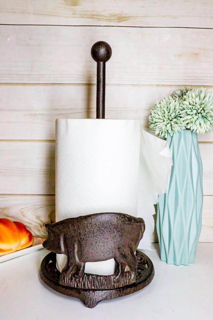Ebros Gift Ebros 13.5"Tall Cast Iron Rustic Farm Pig With Scroll Art Paper Towel Holder
