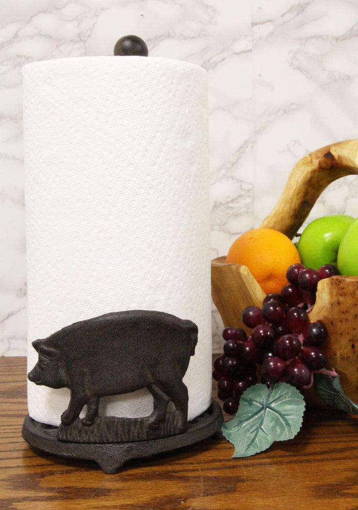 ebros gift Ebros 13.5"Tall Cast Iron Rustic Farm Pig With Scroll Art Paper Towel Holder