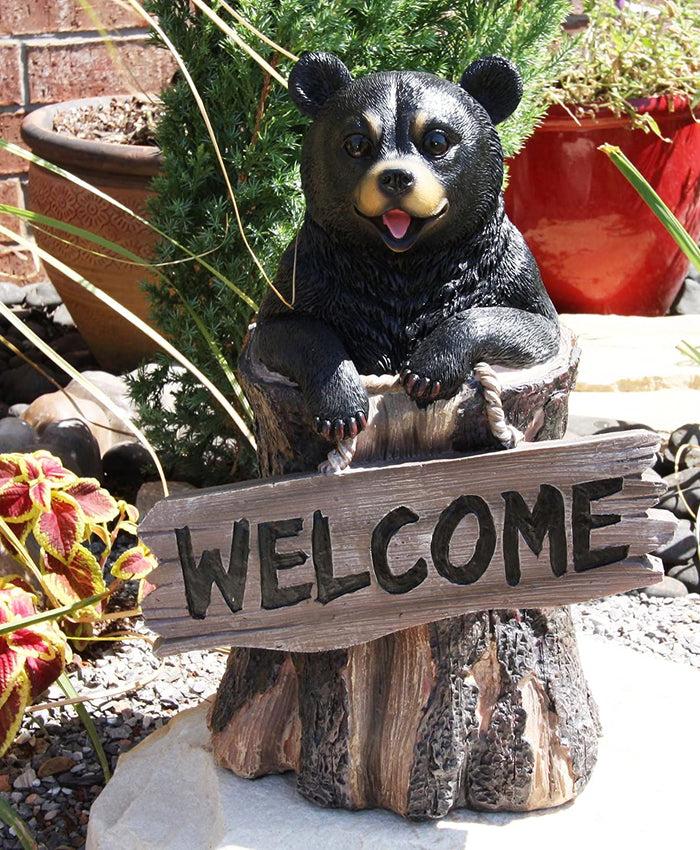 Ebros Gift Ebros 13.5" Tall Welcome Sign Black Bear In Tree Bark Outdoor Decorative Statue