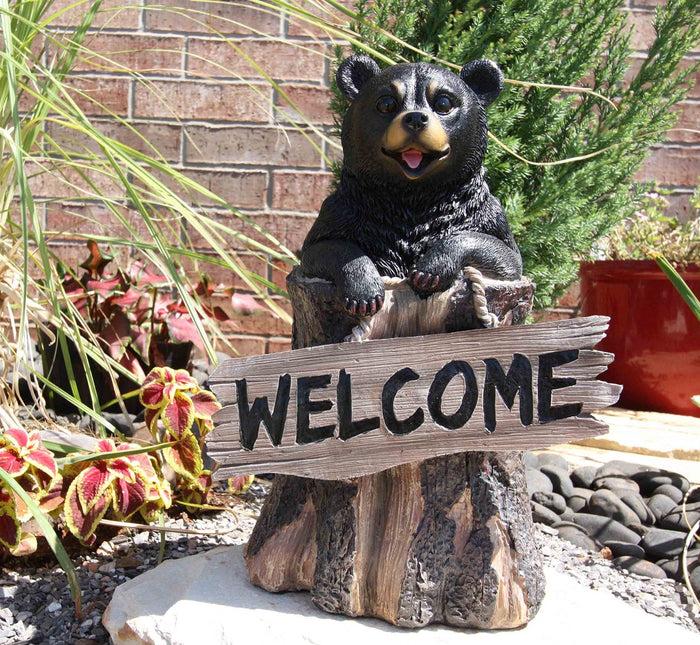 ebros gift Ebros 13.5" Tall Welcome Sign Black Bear In Tree Bark Outdoor Decorative Statue