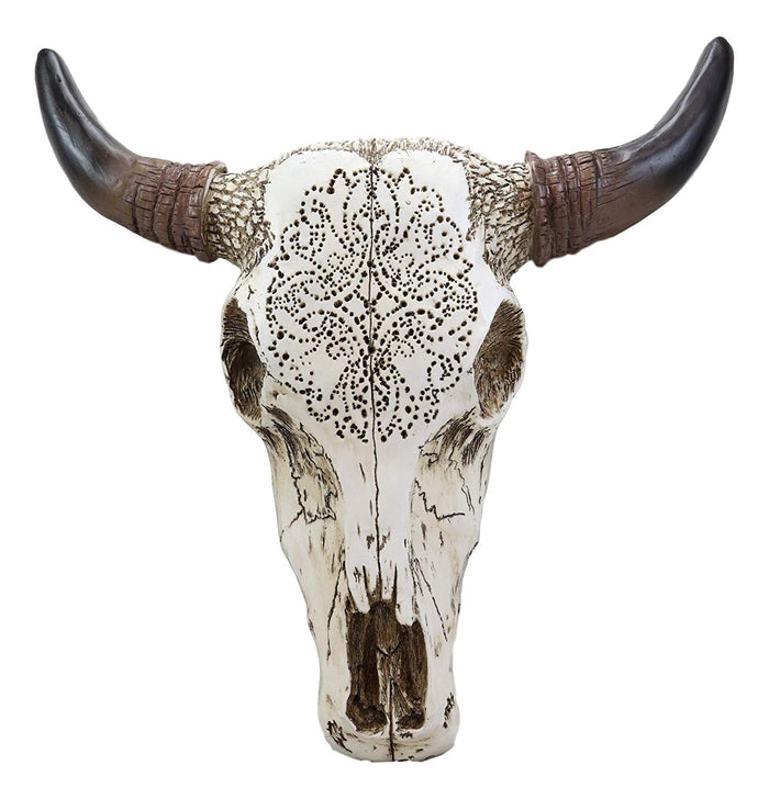 ebros gift Ebros 13" High Steer Bison Buffalo Bull Cow Skull Head with Horns Wall Mount Decor with Tooled Southwestern Cross Pattern
