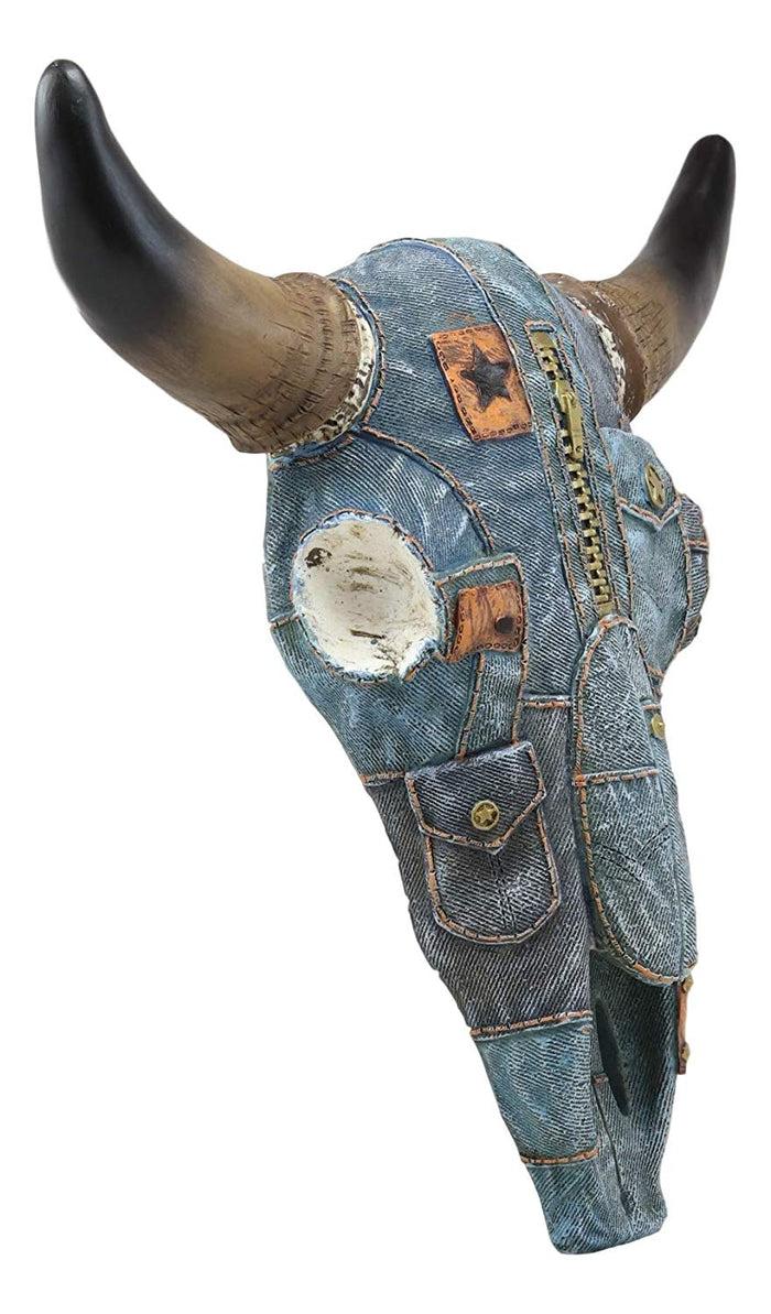 Ebros Gift Ebros 13" Wide Western Southwest Steer Bison Buffalo Bull Cow Horned Skull Head In Cowboy Blue Denim Jeans Design Wall Mount Decor