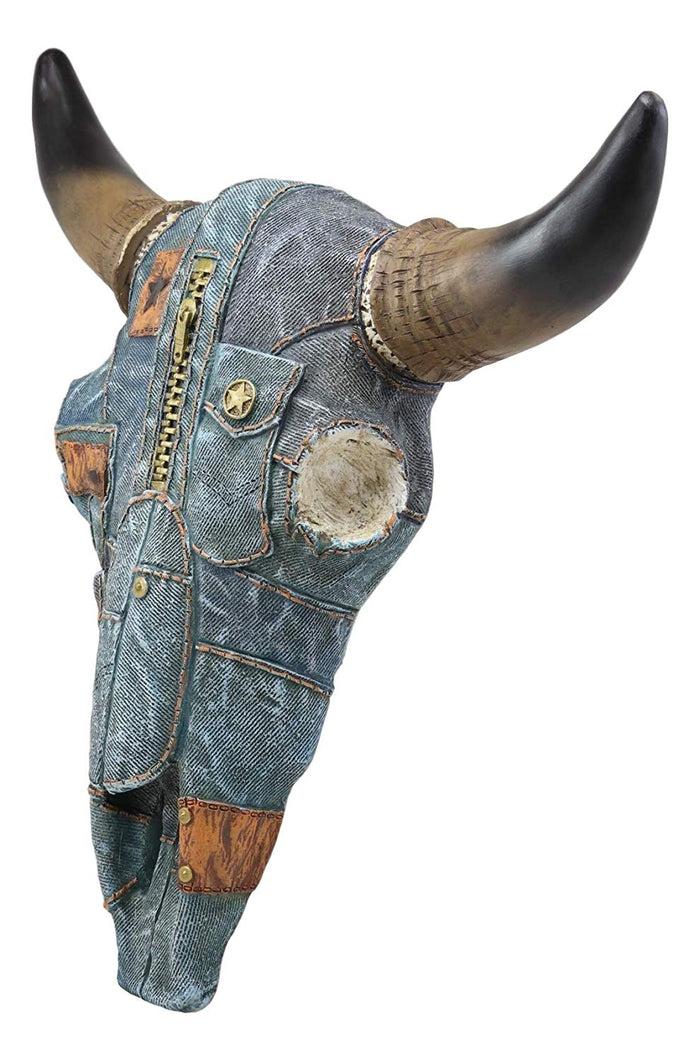 Ebros Gift Ebros 13" Wide Western Southwest Steer Bison Buffalo Bull Cow Horned Skull Head In Cowboy Blue Denim Jeans Design Wall Mount Decor