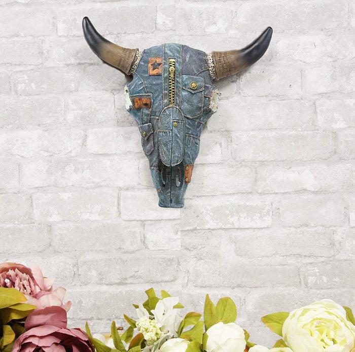ebros gift Ebros 13" Wide Western Southwest Steer Bison Buffalo Bull Cow Horned Skull Head in Cowboy Blue Denim Jeans Design Wall Mount Decor
