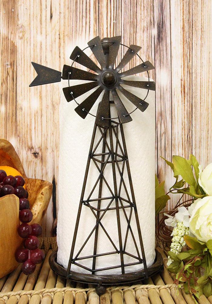 ebros gift Ebros 14.5"Tall Rustic Country Farm Windmill Outpost Paper Towel Holder Metal Figurine