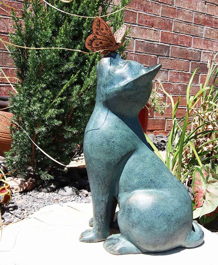 Ebros Gift Ebros 14.75 Tall Shorthair Cat With Flitting Butterfly On His Nose Garden Statue